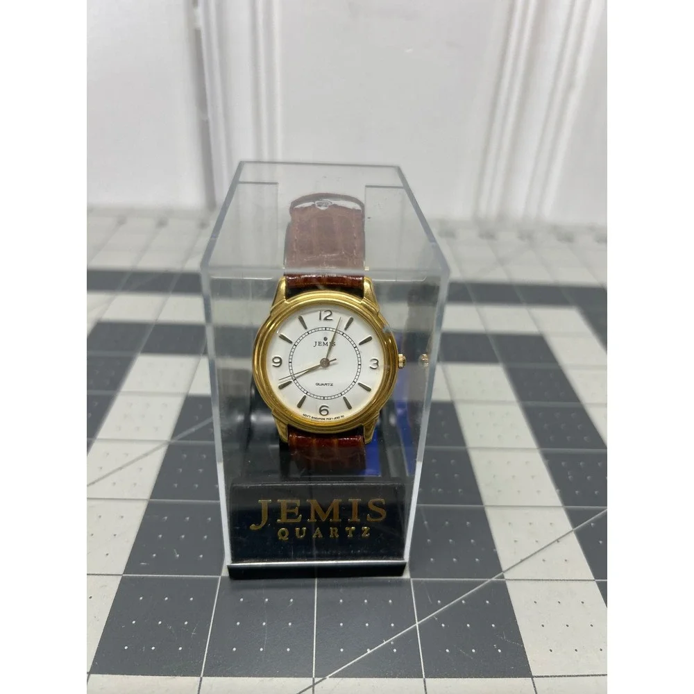 Vtg Jemis Quartz Watch Brown Gold Classic Leather Strap NOS Needs Battery